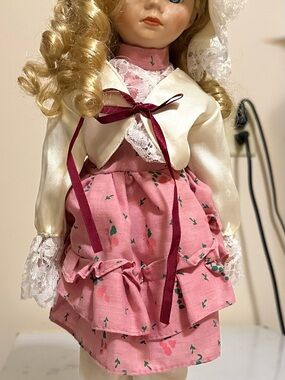 Classic Pink Floral Girl Doll with Cream Jacket and Lace Trim